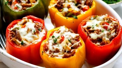 طرز تهیه فلفل دلمه ای شکم پر مجلسی | روش پخت فلفل دلمه ای شکم پر با پنیر پیتزا